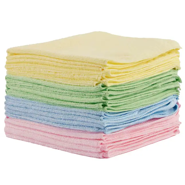yellow, green, blue, and pink stacked microfiber cloths